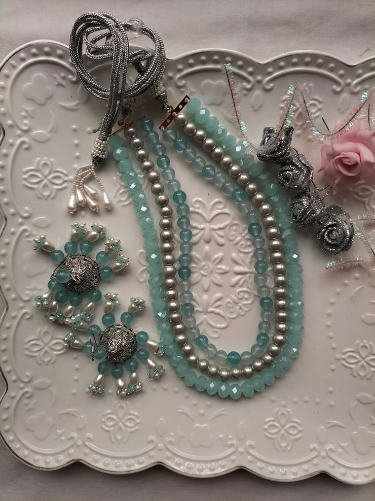 Aqua Blue Mala Set (Mala and Jhumki)