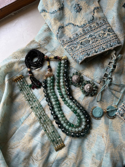 KHWABEEDA  SET [Choker, Mala and Jhumka pair in silver lacquer polish]