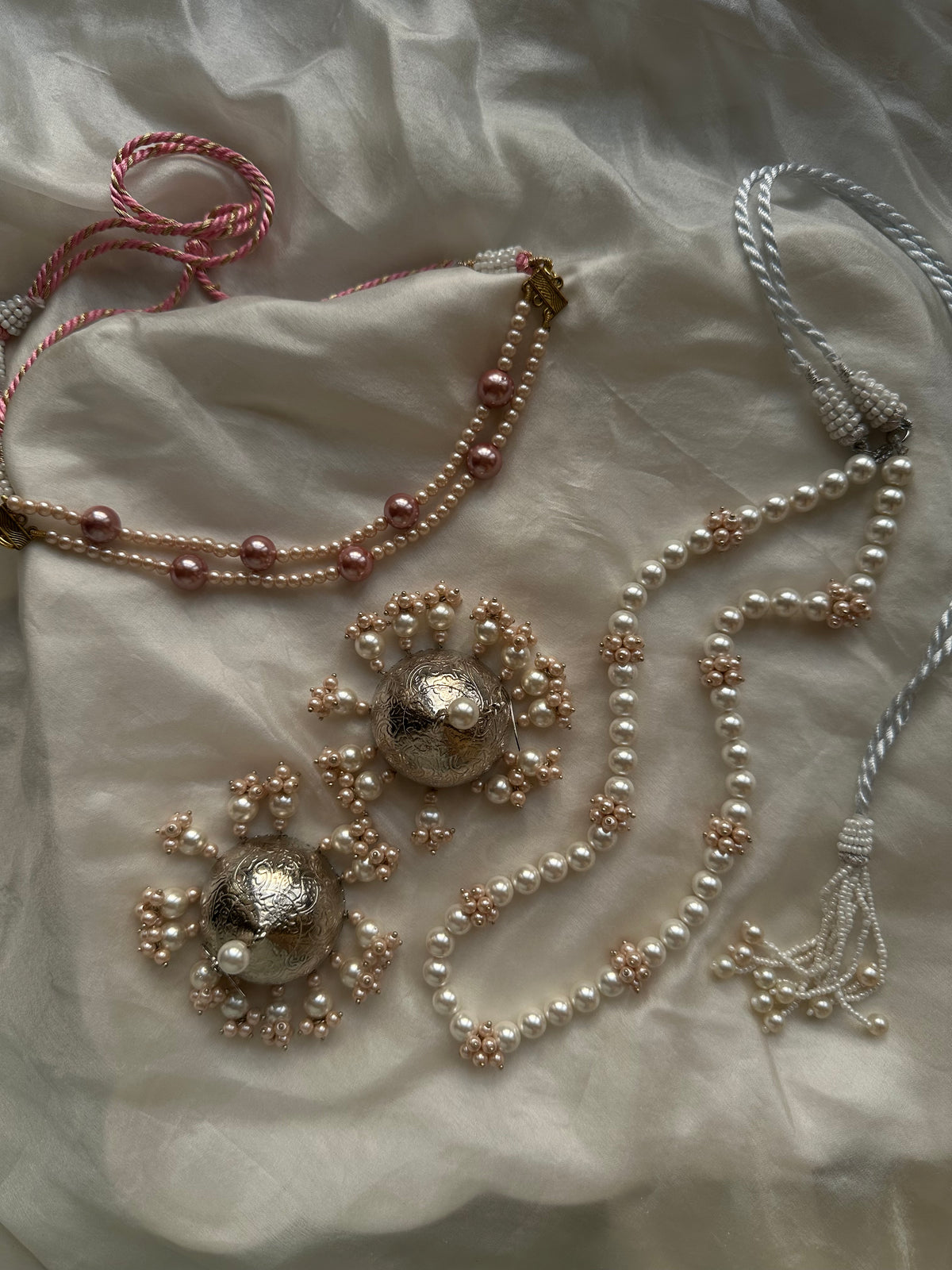 PEARL WHISPER SET [CHOKER, MALA AND BIG JHUMKA IN SILVER LACQUER POLISH]