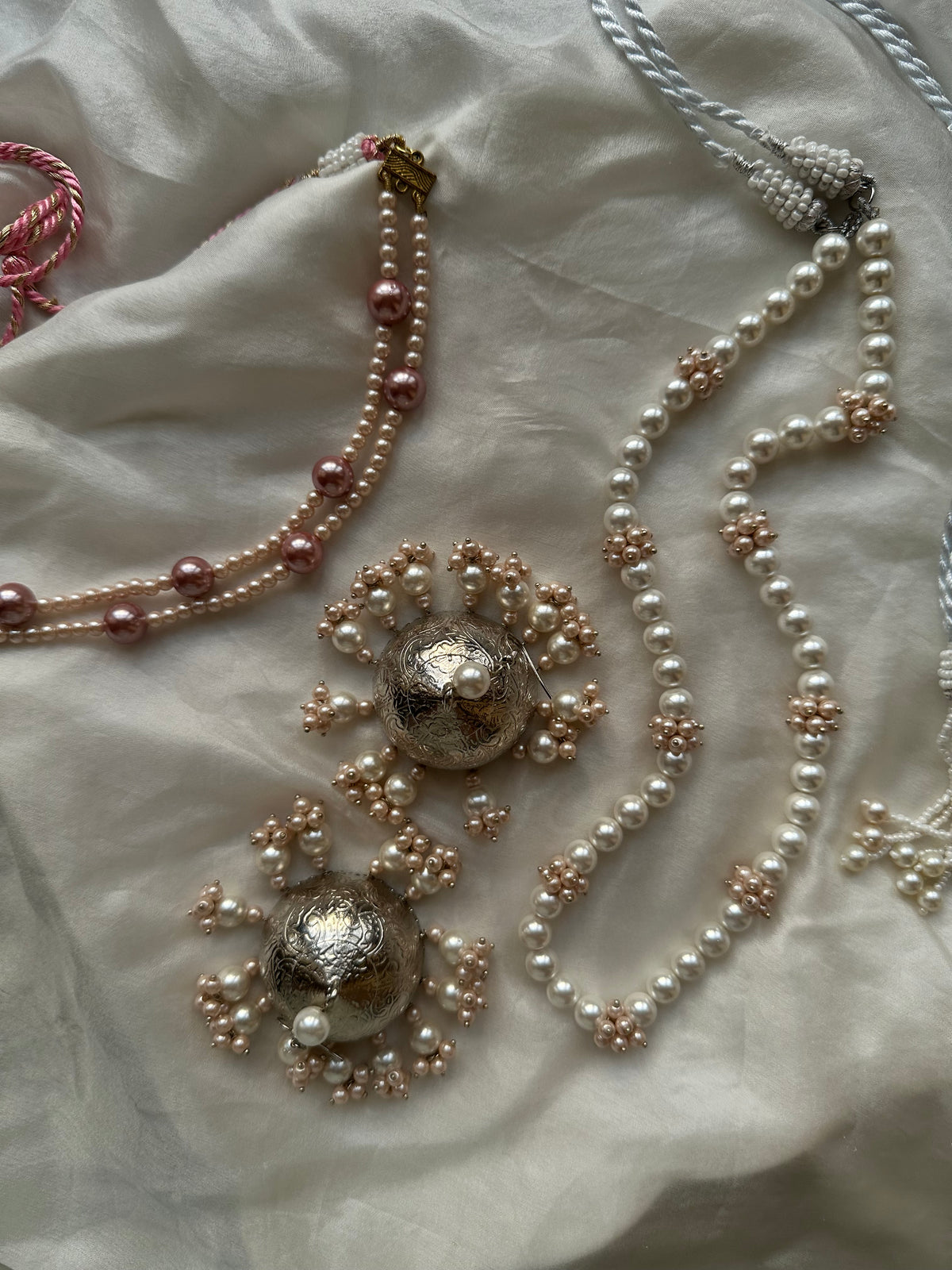 PEARL WHISPER SET [CHOKER, MALA AND BIG JHUMKA IN SILVER LACQUER POLISH]