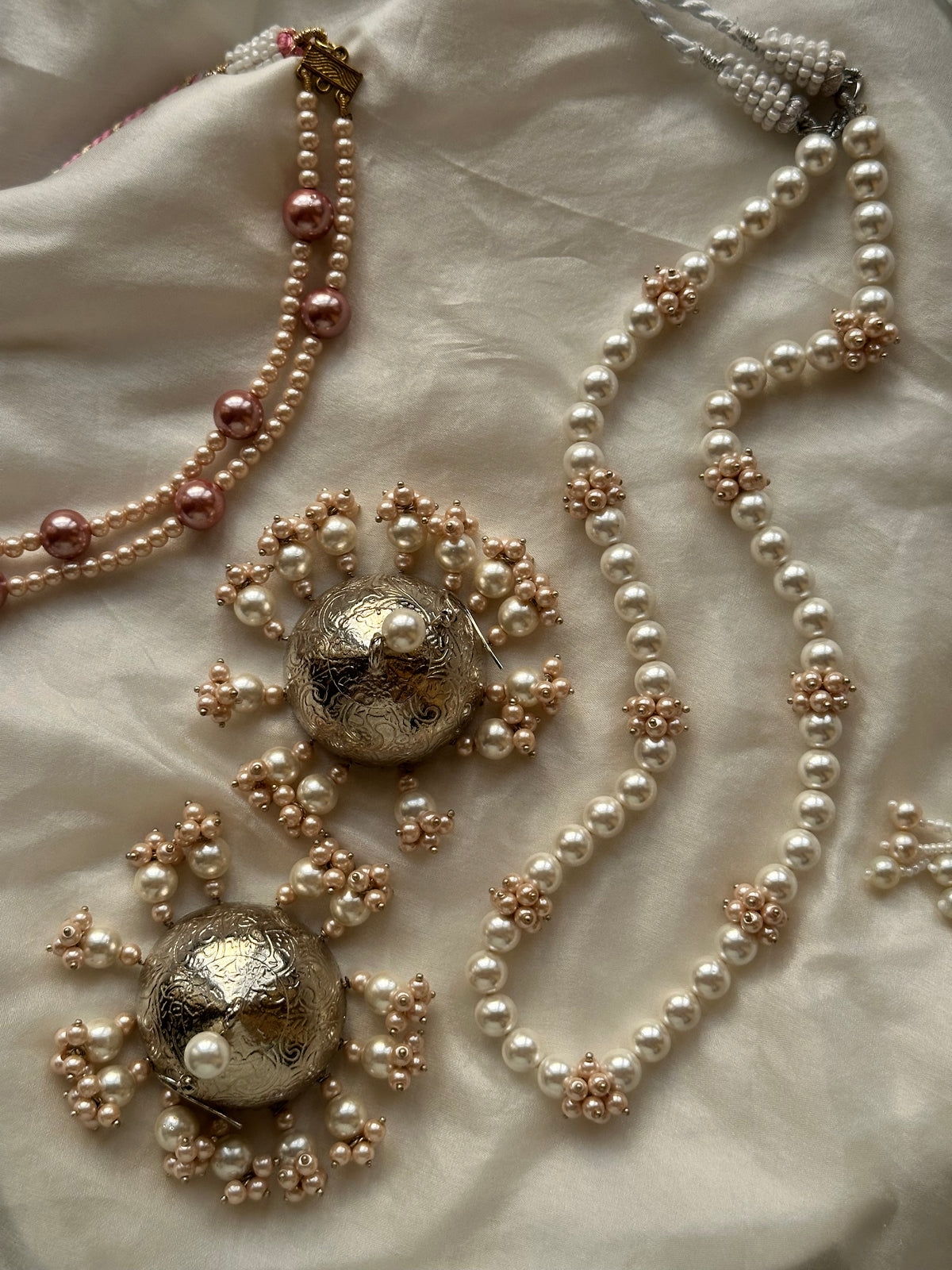 PEARL WHISPER SET [CHOKER, MALA AND BIG JHUMKA IN SILVER LACQUER POLISH]