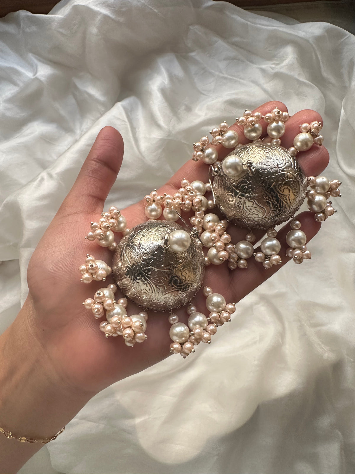 PEARL WHISPER JHUMKA [SILVER LACQUER POLISH WITH SHELL PEARLS]