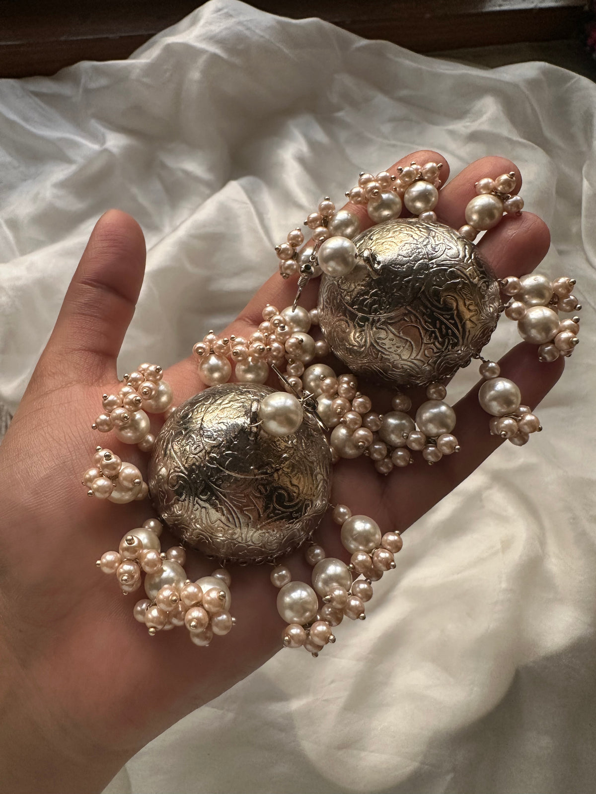 PEARL WHISPER JHUMKA [SILVER LACQUER POLISH WITH SHELL PEARLS]