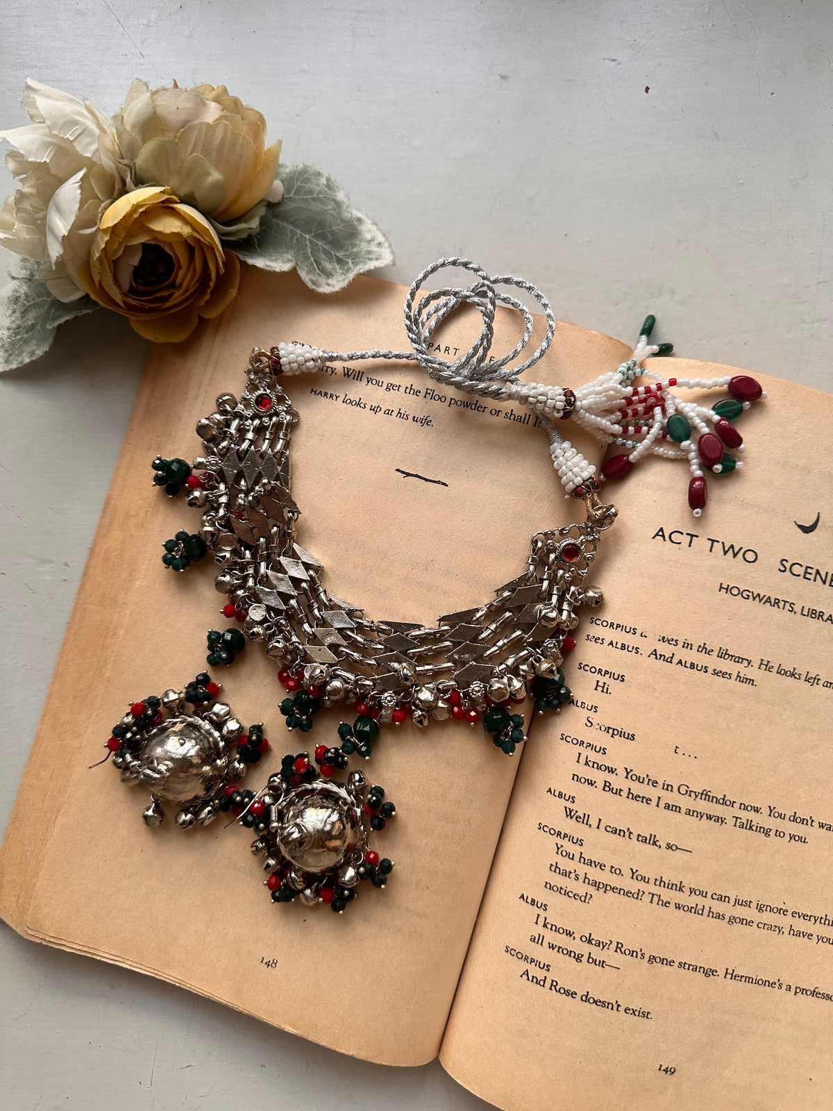 NOORAYAVINTAGE SET[SILVER LACQUER POLISH] [CHOKER & JHUMKA]
