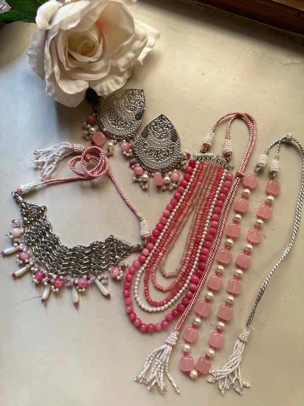 GULABI. KHWAB. MALA. SET [Includes a choker, earrings pair with saharay, three layered mala and single layer mala]