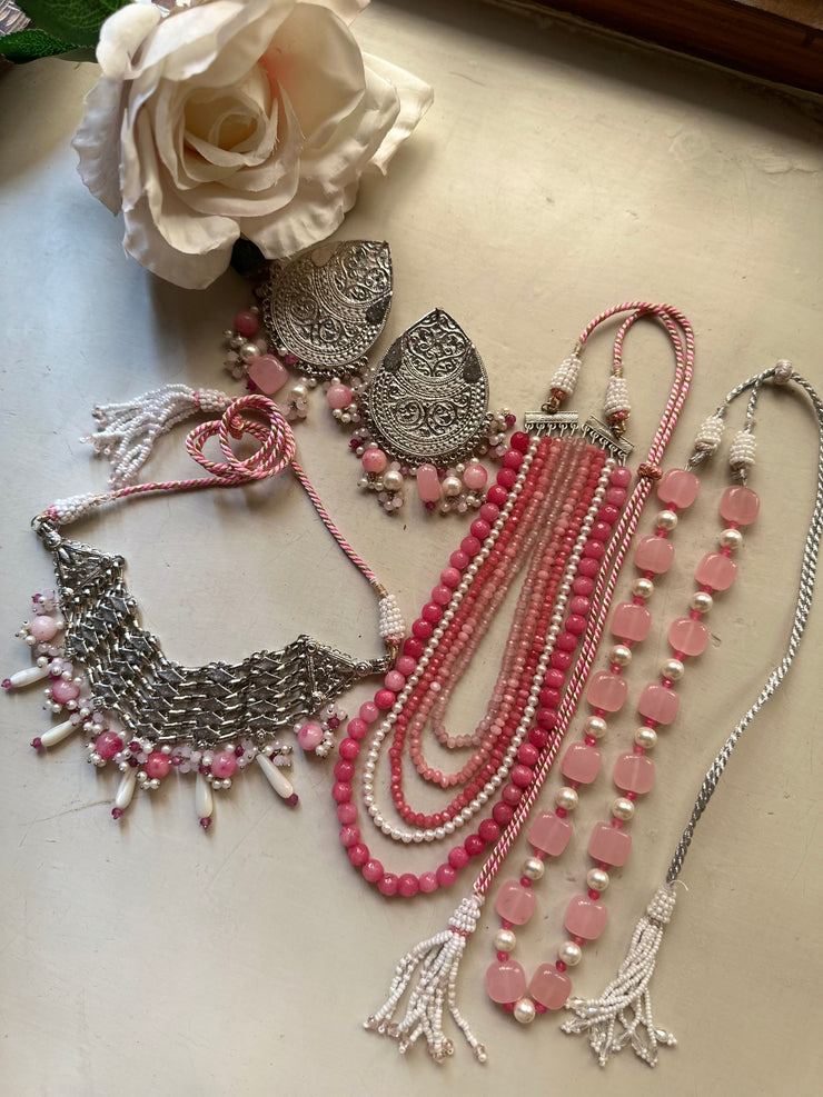 GULABI. KHWAB. MALA. SET [Includes a choker, earrings pair with saharay, three layered mala and single layer mala]